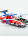 angled side angle of the red, white, and blue VP Racing 1970 Dodge Challenger Diecast R/T HEMI 1:24 Scale with chrome trim