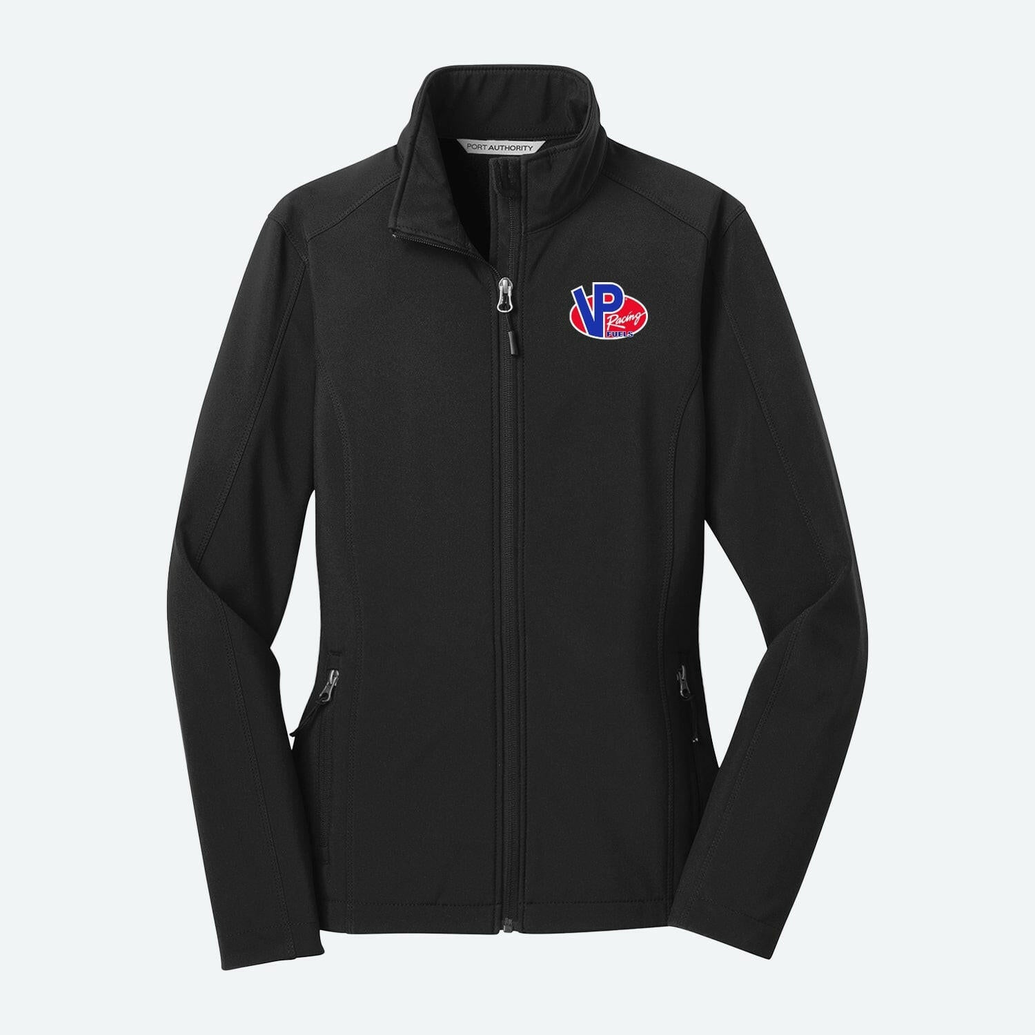 front of the black VP ladies soft shell jacket
