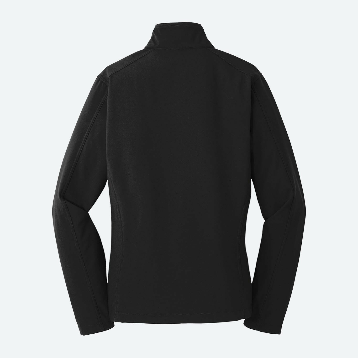back of the black VP ladies soft shell jacket