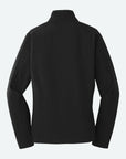 back of the black VP ladies soft shell jacket