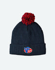 front of fleece-lined VP knit pom pom beanie