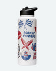 34 oz. Quencher white stainless steel water bottle showing two spark plugs, crossed blue checkered flags, and a VP Classic Motor Oil logo towards the bottom