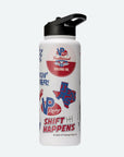 34 oz. Quencher white stainless steel water bottle showing a VP Traditional Oil logo, the state of Texas, a VP Racing logo, and text that reads "Shift Happens"