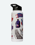 34 oz. Quencher white stainless steel water bottle showing a blue VP-branded Motorsport Container jug with tire tracks below it
