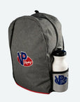 angled view of the VP Racing Rambler Gray Backpack, showing a water bottle in one of the side net holders