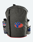 front view of the VP Racing Rambler Gray Backpack showing a water bottle in one side net holder and a can of Octanium Unleaded octane booster in the other