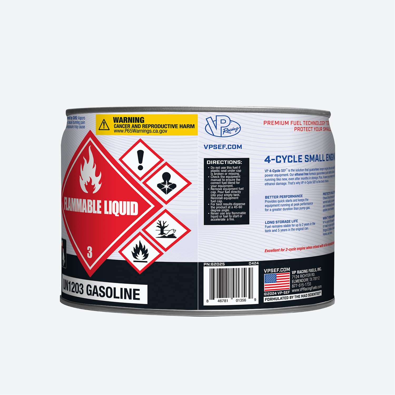 2.5-gallon pail of vp 4-cycle fuel for portable outdoor equipment