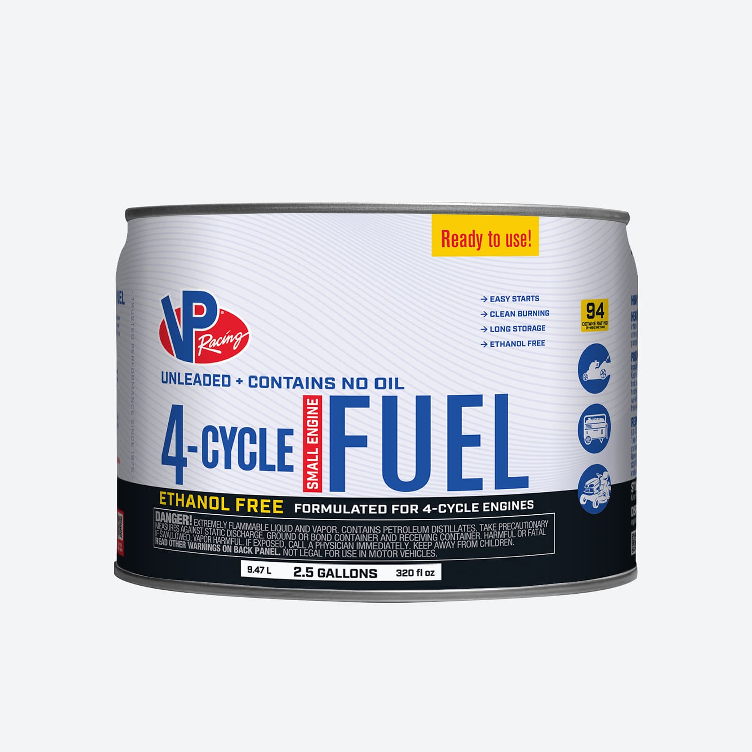 2.5-gallon pail of vp 4-cycle fuel for portable outdoor equipment