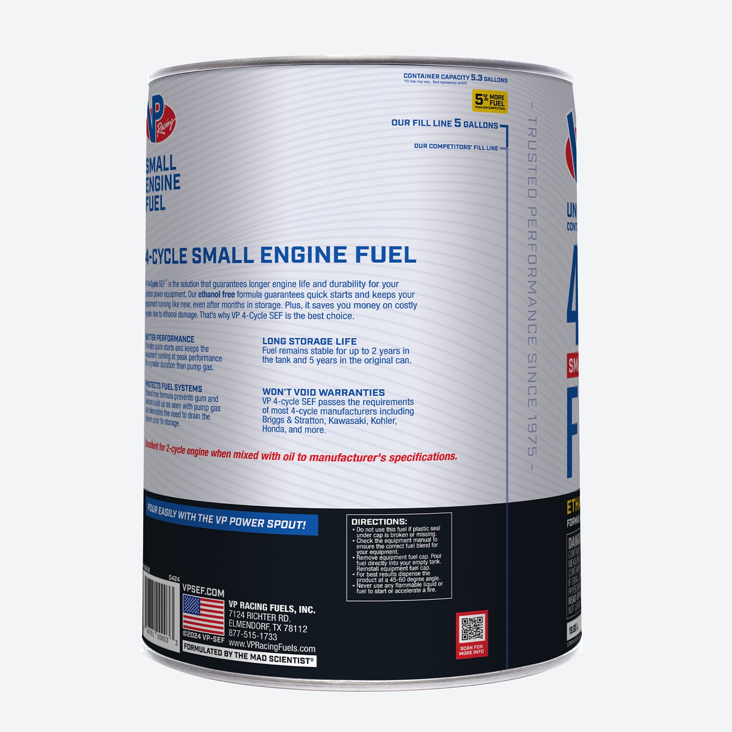 a 5-gallon pail of VP 4-cycle fuel for portable outdoor equipment