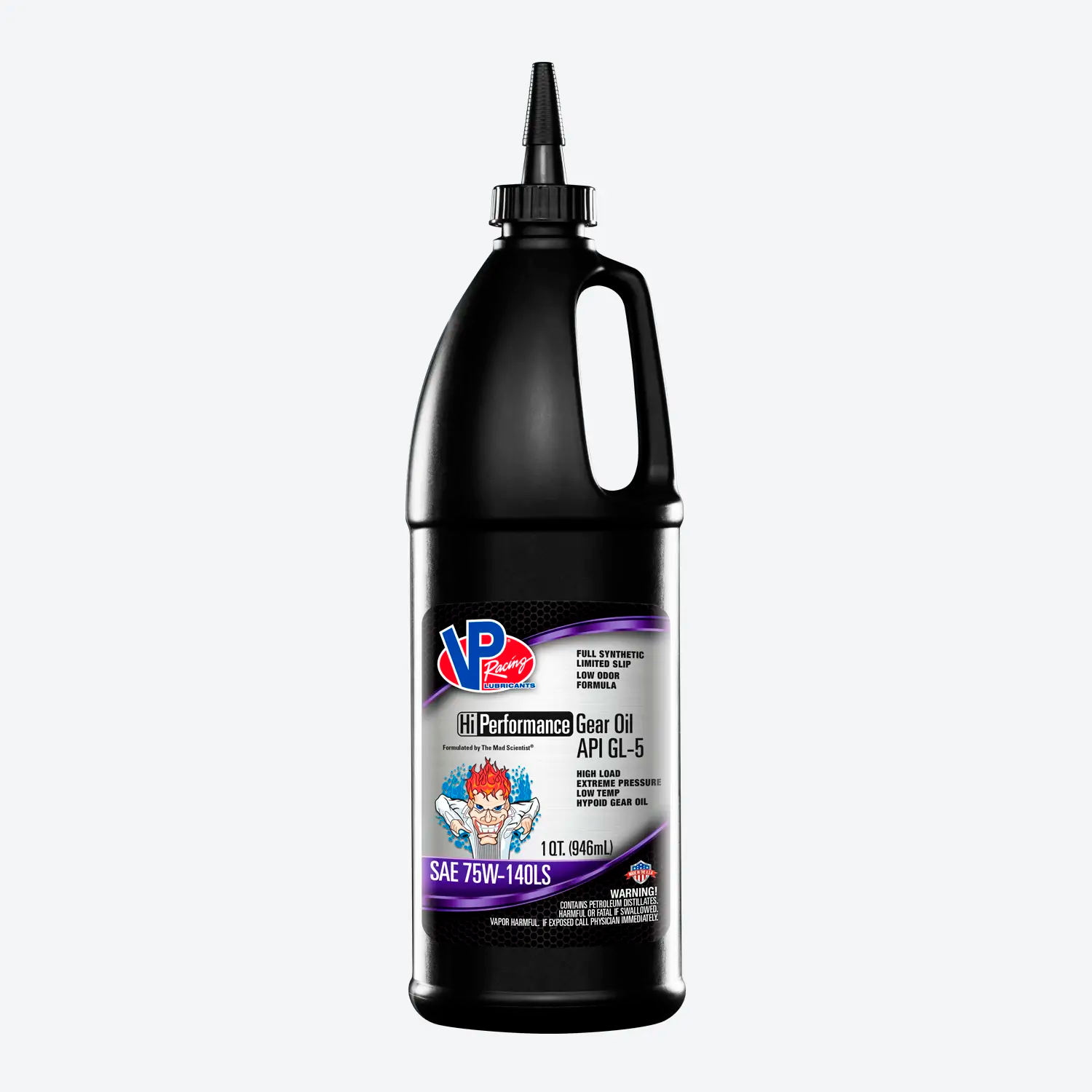 a bottle of VP Hi-Performance full synthetic API GL5 LS SAE 75W140 gear oil