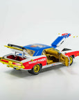 backside view of VP Racing 1970 Dodge Challenger Diecast R/T HEMI 1:24 Scale shown with open hood, truck and doors