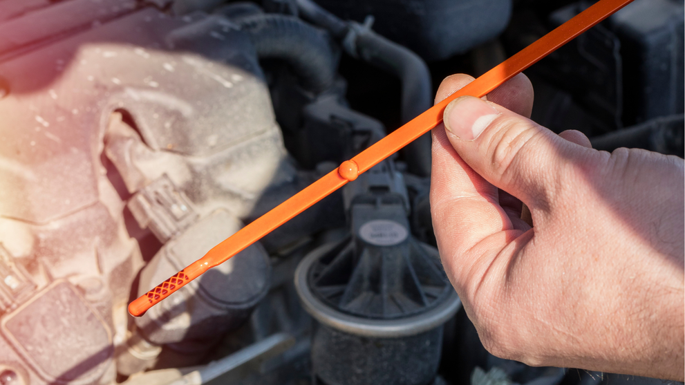 Car oil dipstick showing oil level check