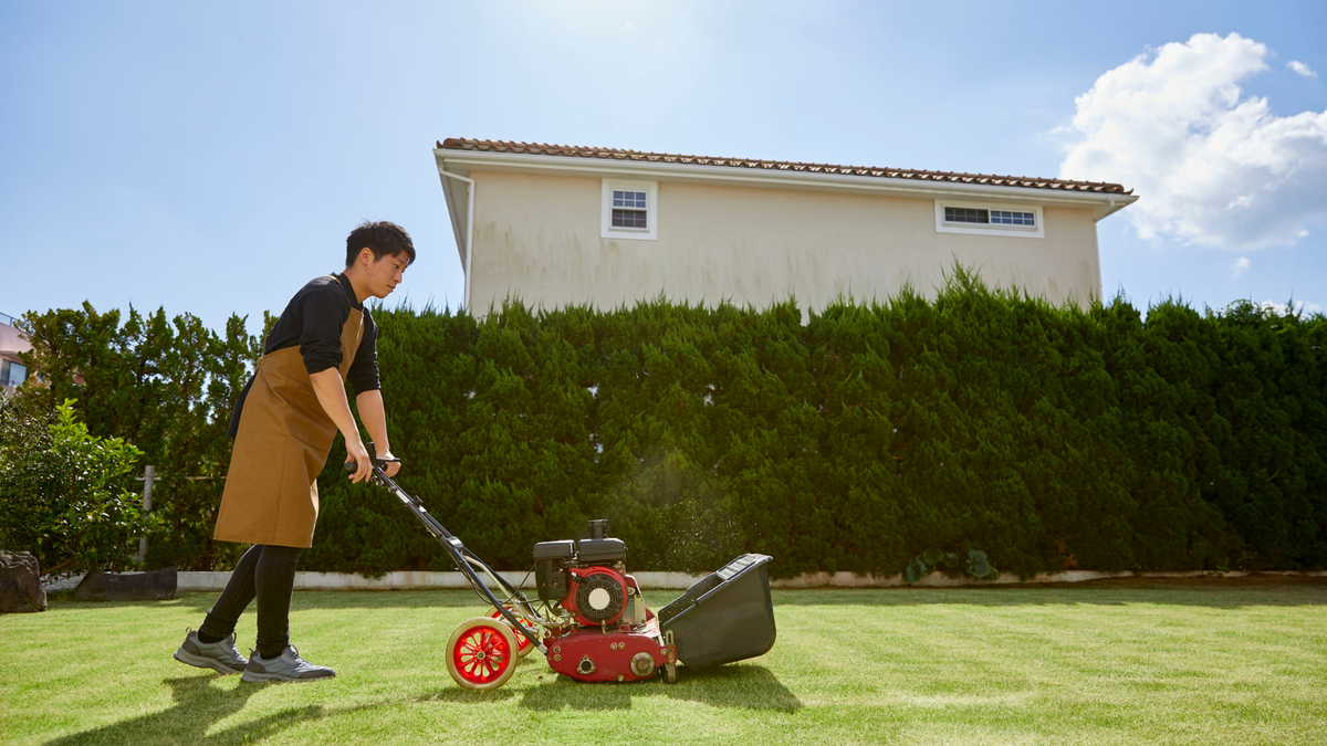 Person operating a lawn mower outdoors