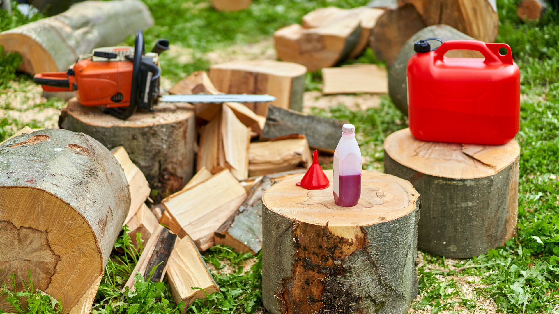 Premixed two-stroke fuel and chainsaw with fuel container