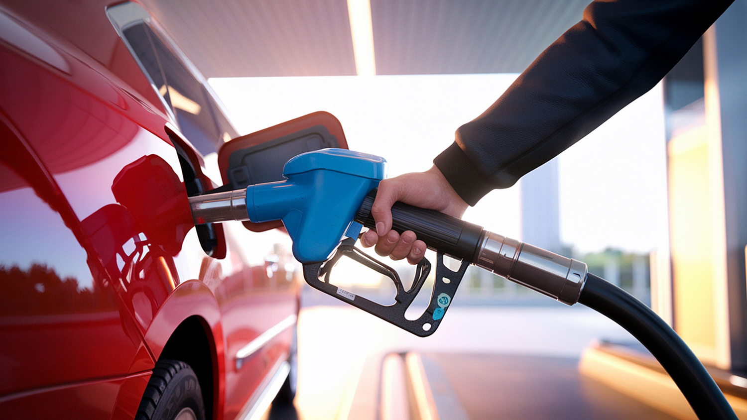 Race fuel nozzle fueling a performance car