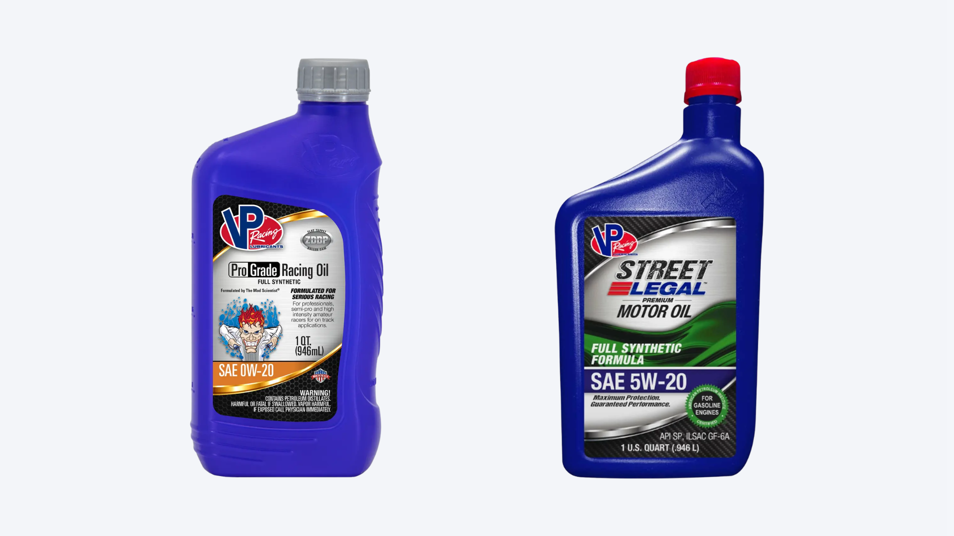 VP Racing 0W20 and 5W20 motor oil bottles