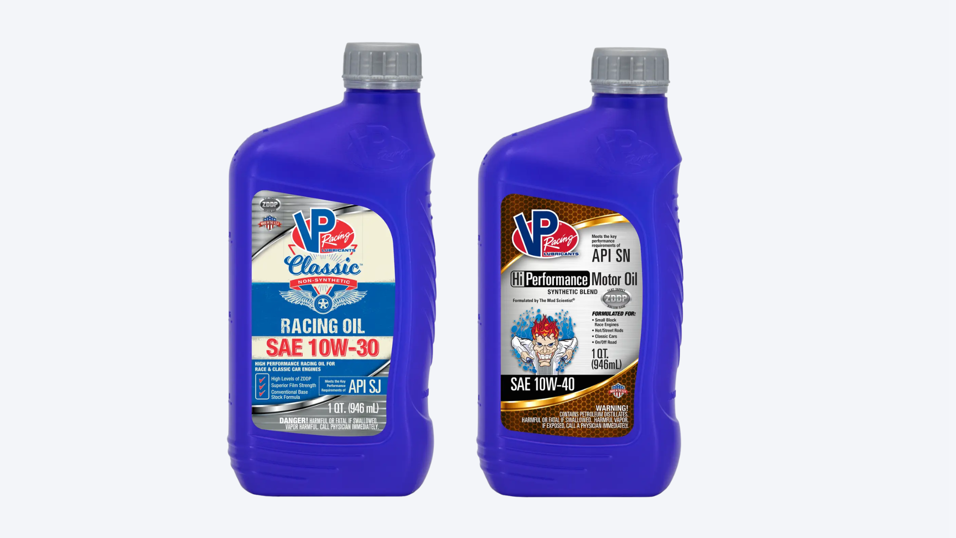 VP Racing 10W30 and 10W40 motor oil bottles