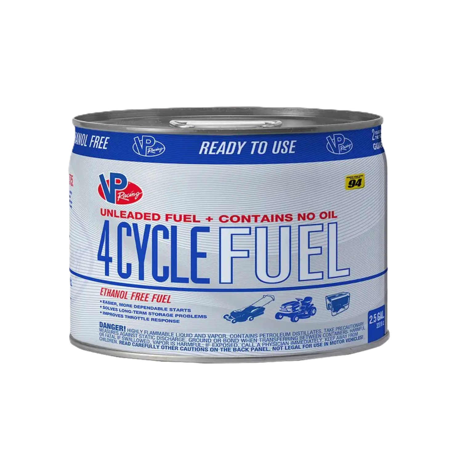 2.5-gallon pail of vp 4-cycle fuel for portable outdoor equipment