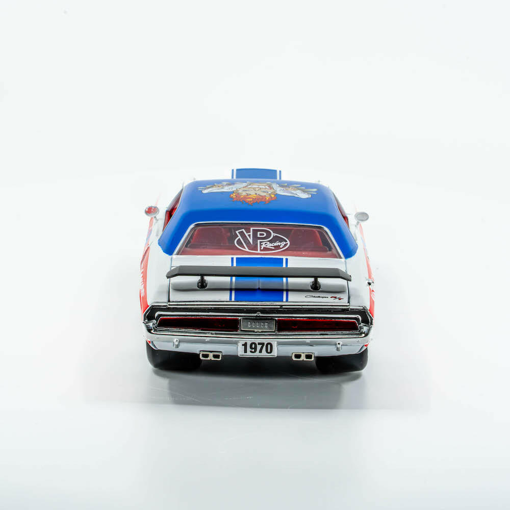 dthe VP Racing 1970 Dodge Challenger Diecast R/T HEMI 1:24 Scale shot from the rear with chrome trim