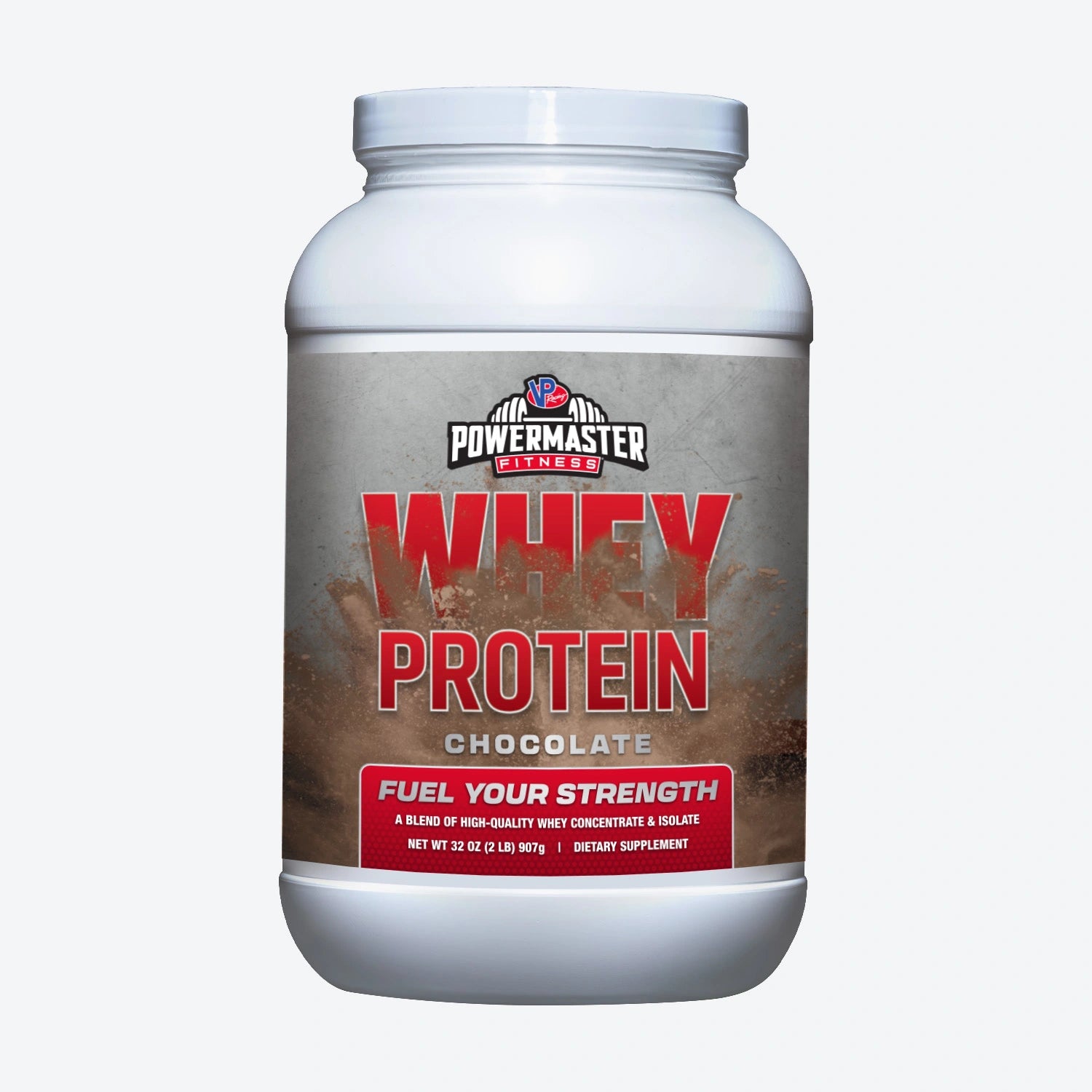 front label on container of Powermaster Chocolate Whey Isolate Protein Powder