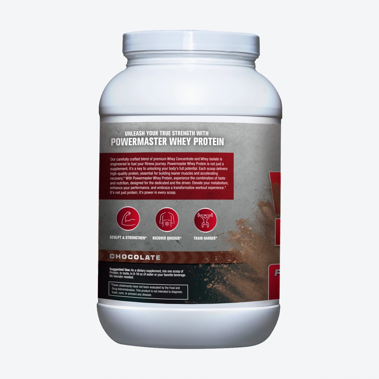 back label on container of  Powermaster Chocolate Whey Isolate Protein Powder