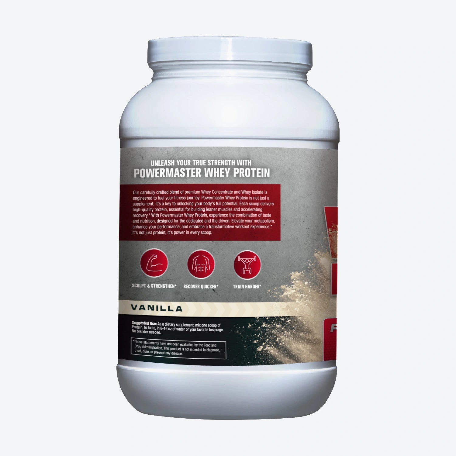 back label of container of Powermaster Vanilla Whey Isolate Protein Powder