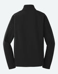 back of black VP water repellent men's soft shell jacket