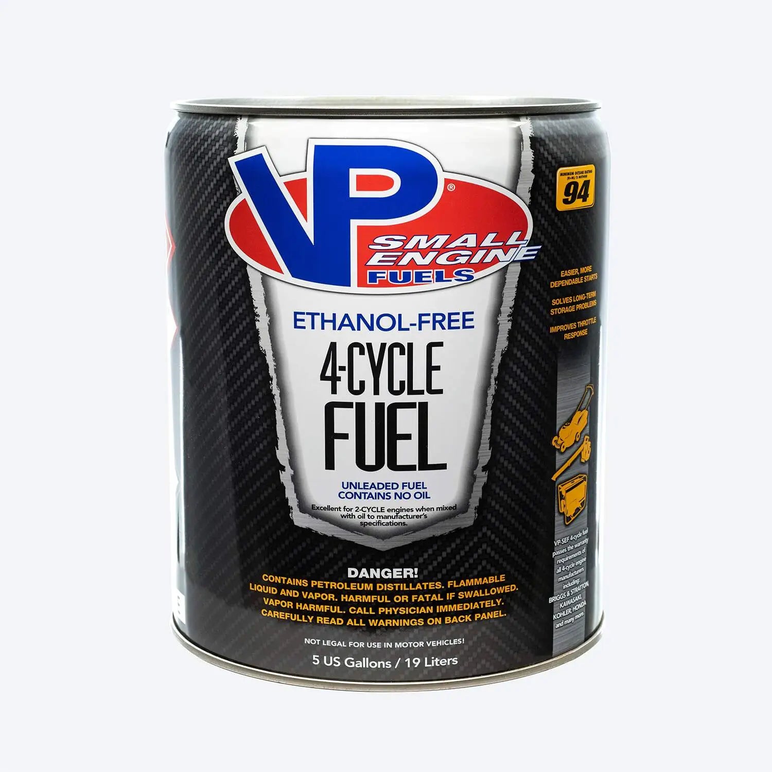 a 5-gallon pail of VP 4-cycle fuel for portable outdoor equipment