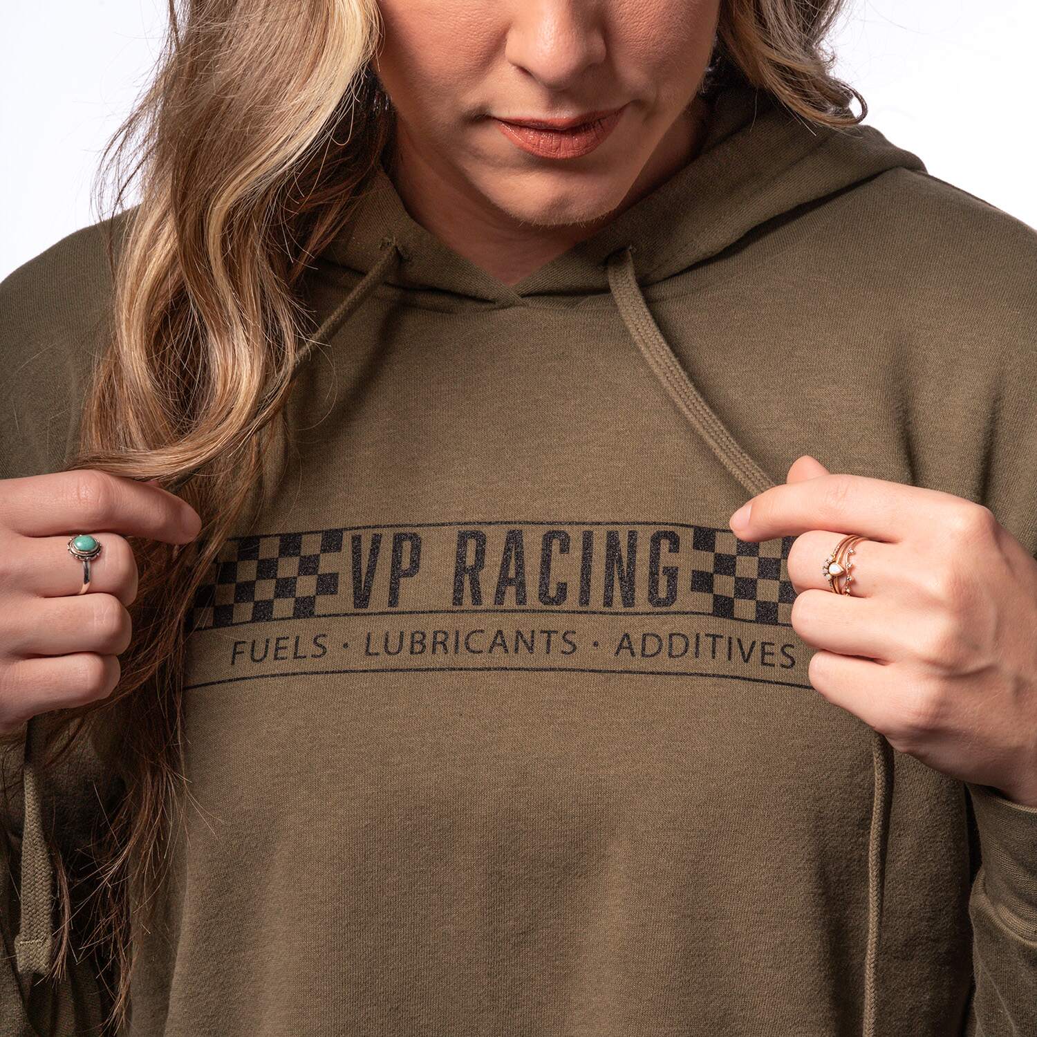 VP Racing Cropped Hoodie – Military Green with model lifestyle Shot