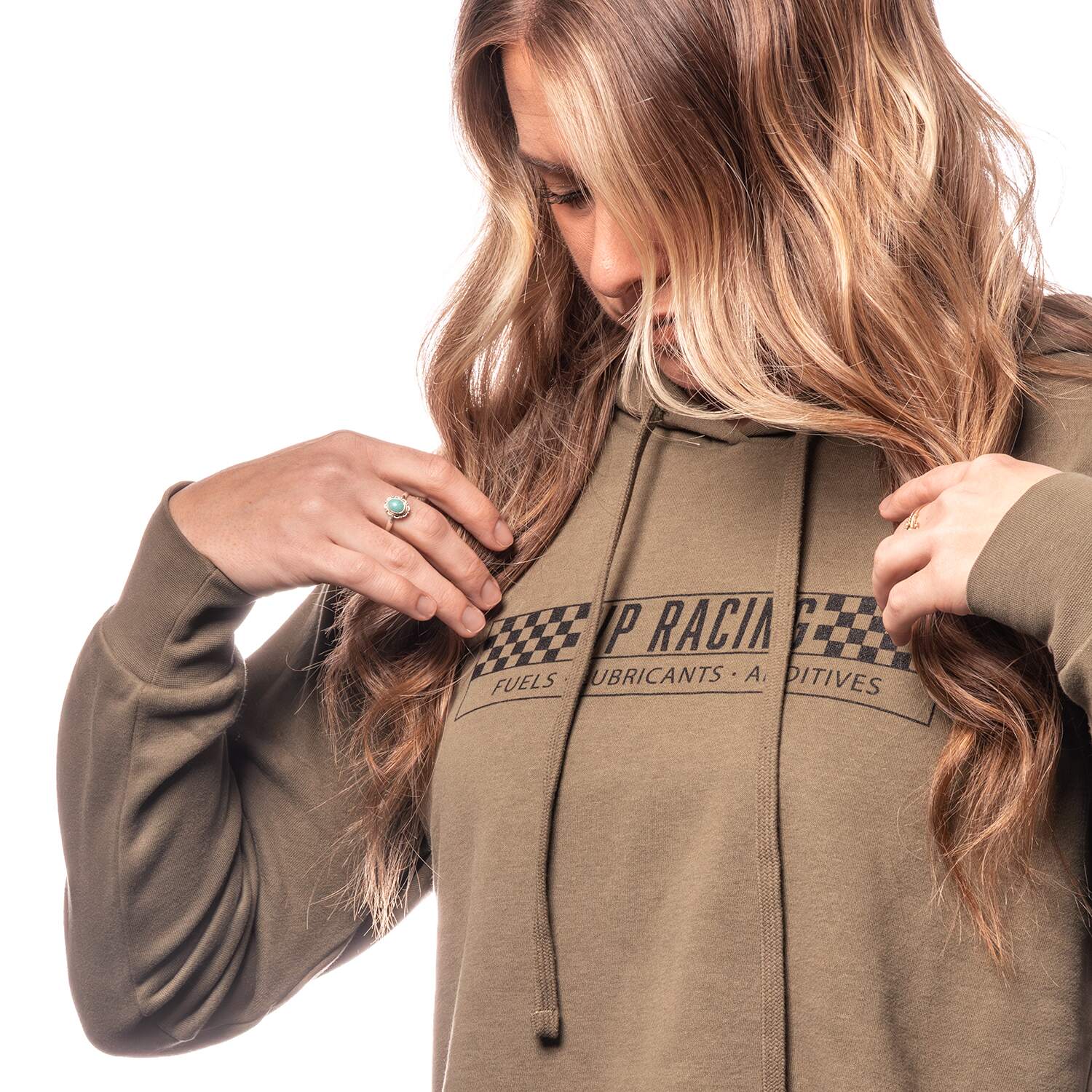 VP Racing Cropped Hoodie – Military Green with model lifestyle Shot