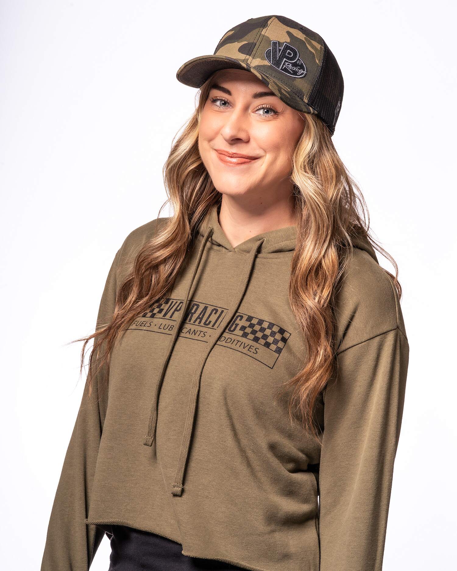 VP Racing Cropped Hoodie – Military Green with model lifestyle Shot