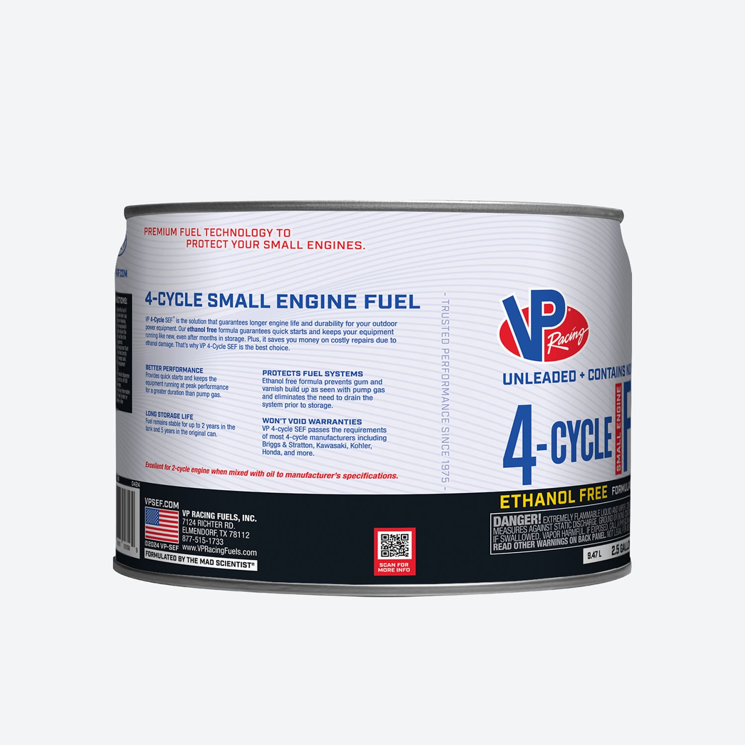 2.5-gallon pail of vp 4-cycle fuel for portable outdoor equipment
