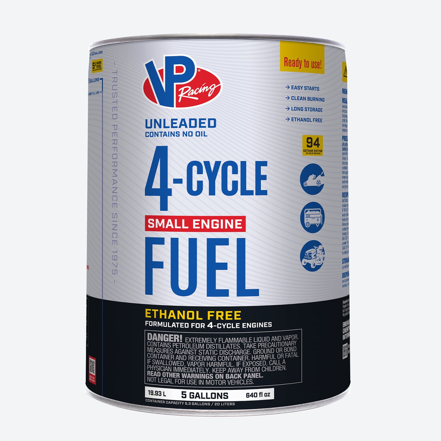 a 5-gallon pail of VP 4-cycle fuel for portable outdoor equipment
