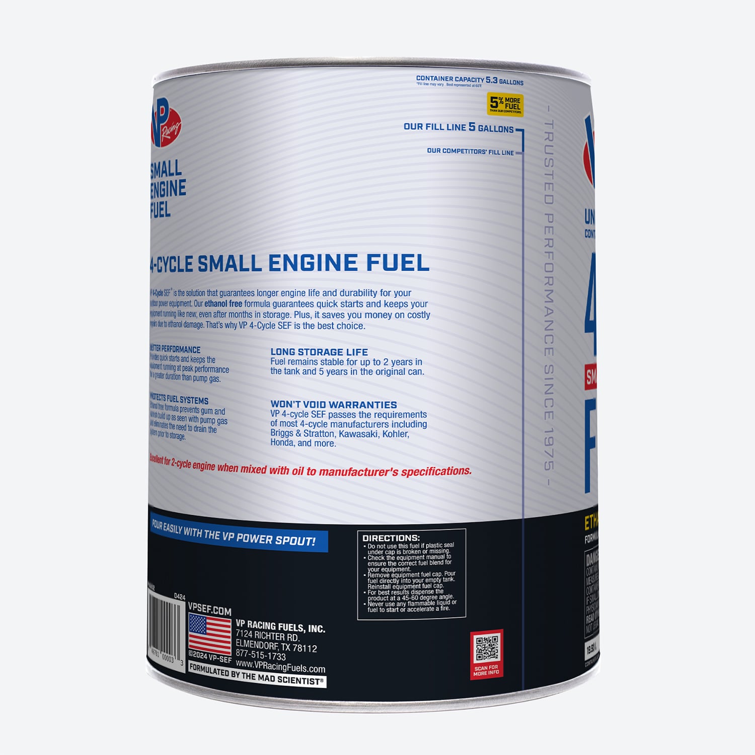 a 5-gallon pail of VP 4-cycle fuel for portable outdoor equipment
