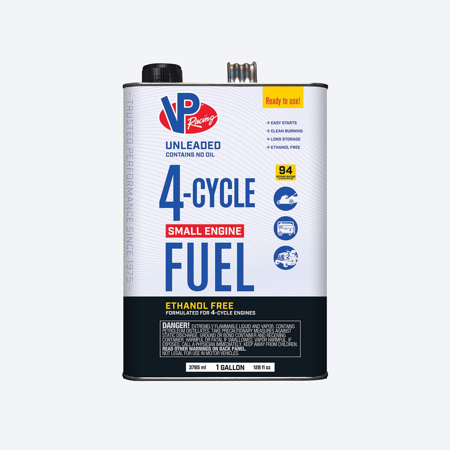 One-gallon container of VP 4-cycle fuel for small engines
