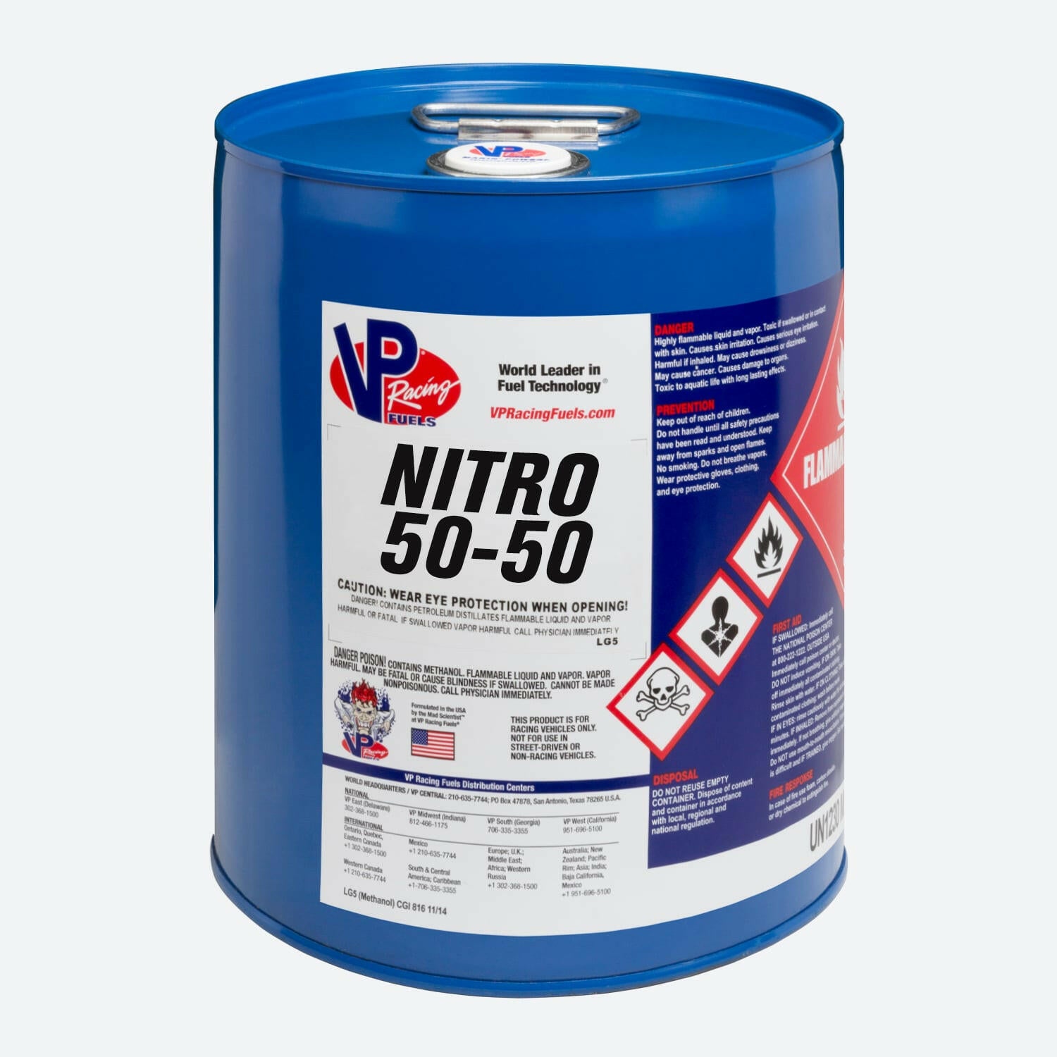 5-gallon pail of VP Nitro 50:50, a methanol and nitromethane racing fuel