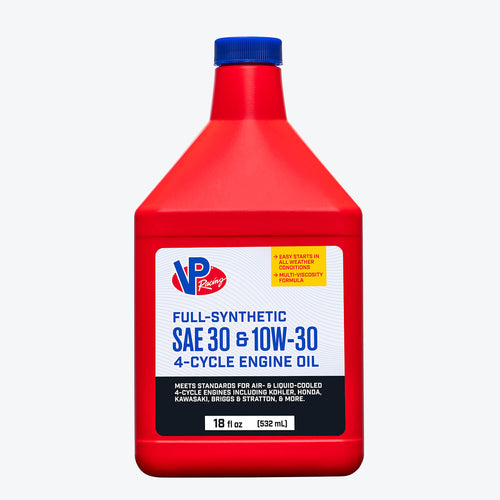 18 ounce bottle of VP SAE 30/10W-30 4-cycle engine oil for outdoor equipment