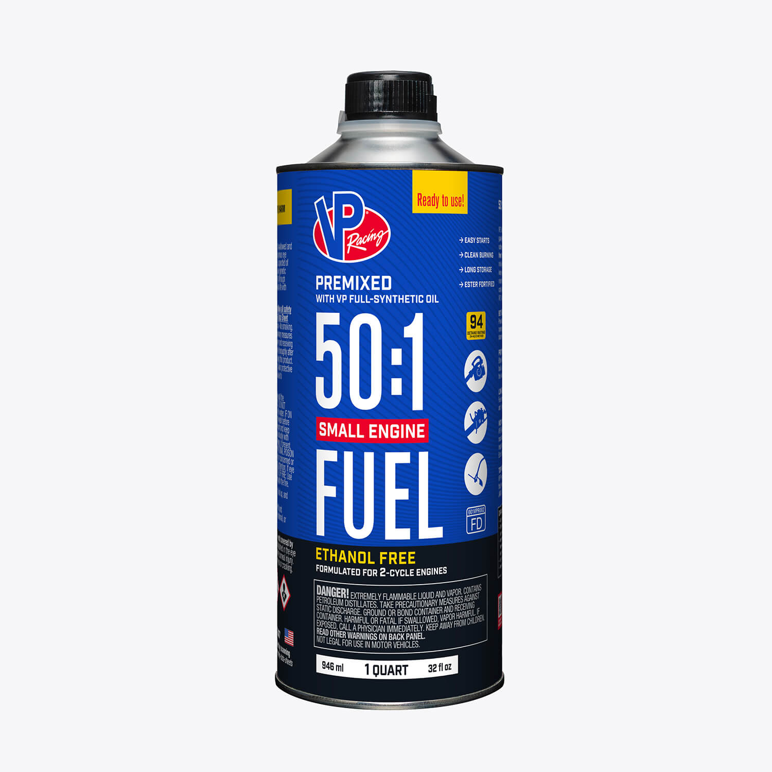 One-quart bottle of VP ethanol-free 50:1 fuel mix for small engines
