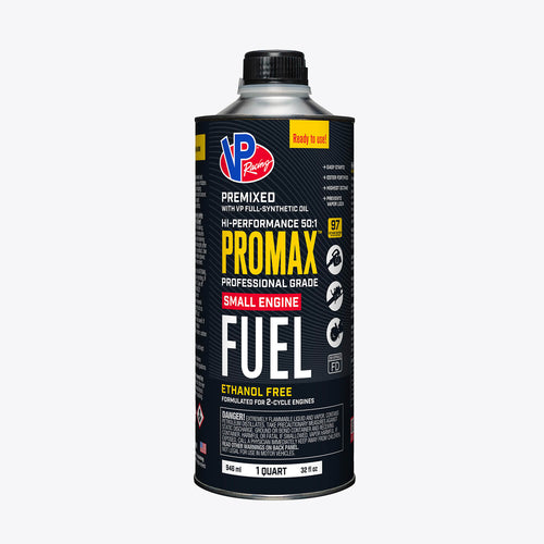 A one-quart bottle of 2-cycle VP ProMax 97 octane fuel for portable outdoor equipment
