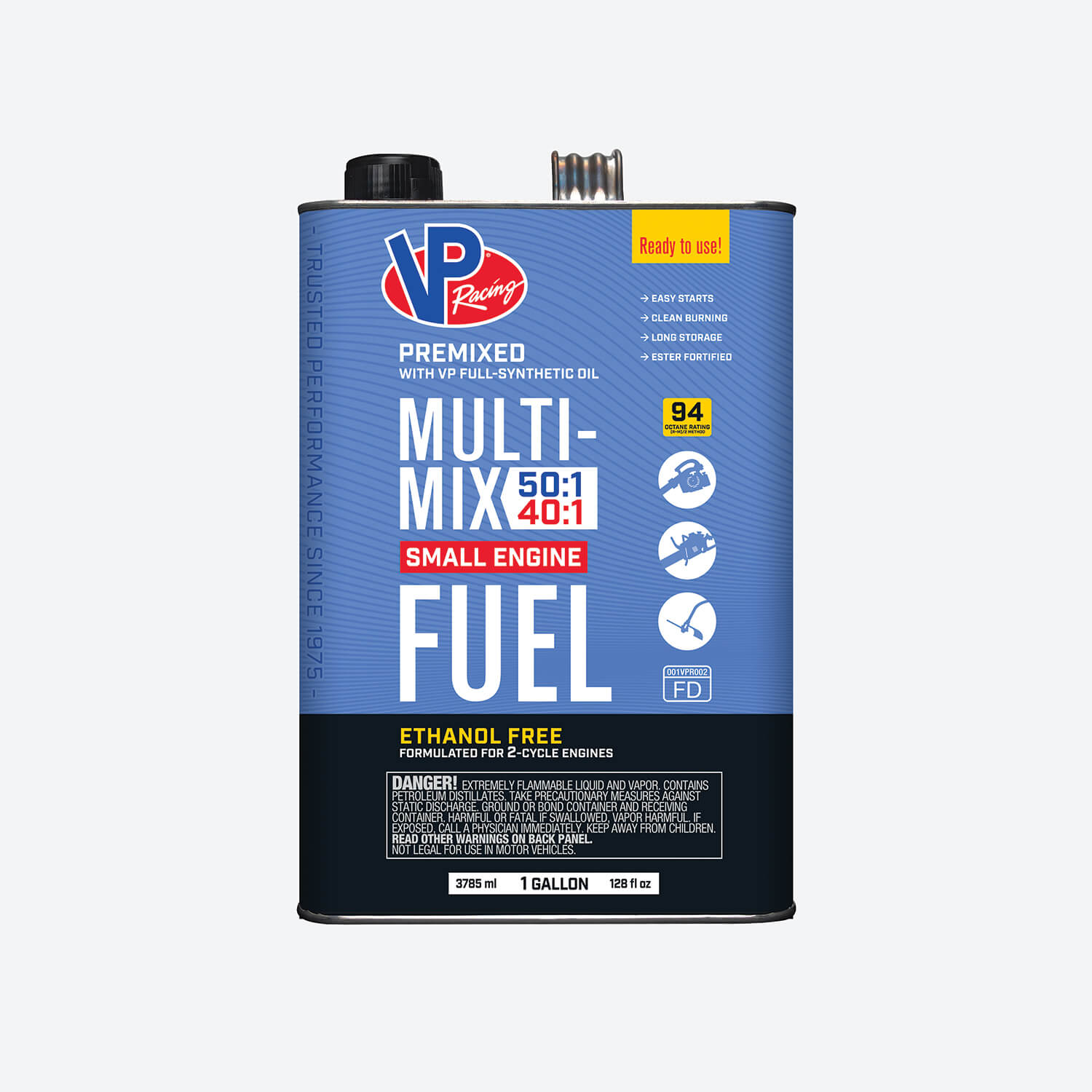 1-gallon can of VP Racing 40:1/50:1 Multi-Mix 40:1/50:1 Premixed Fuel for 2-Cycle Engines
