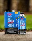 a lifestyle image showing a one-gallon can and quart-sized can of VP Multi-Mix premixed fuel for 2-cycle engines