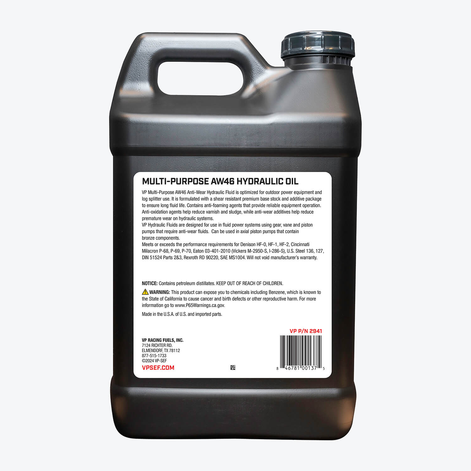 back label on a 2.5 gallon bottle of VP Racing AW46 hydraulic oil