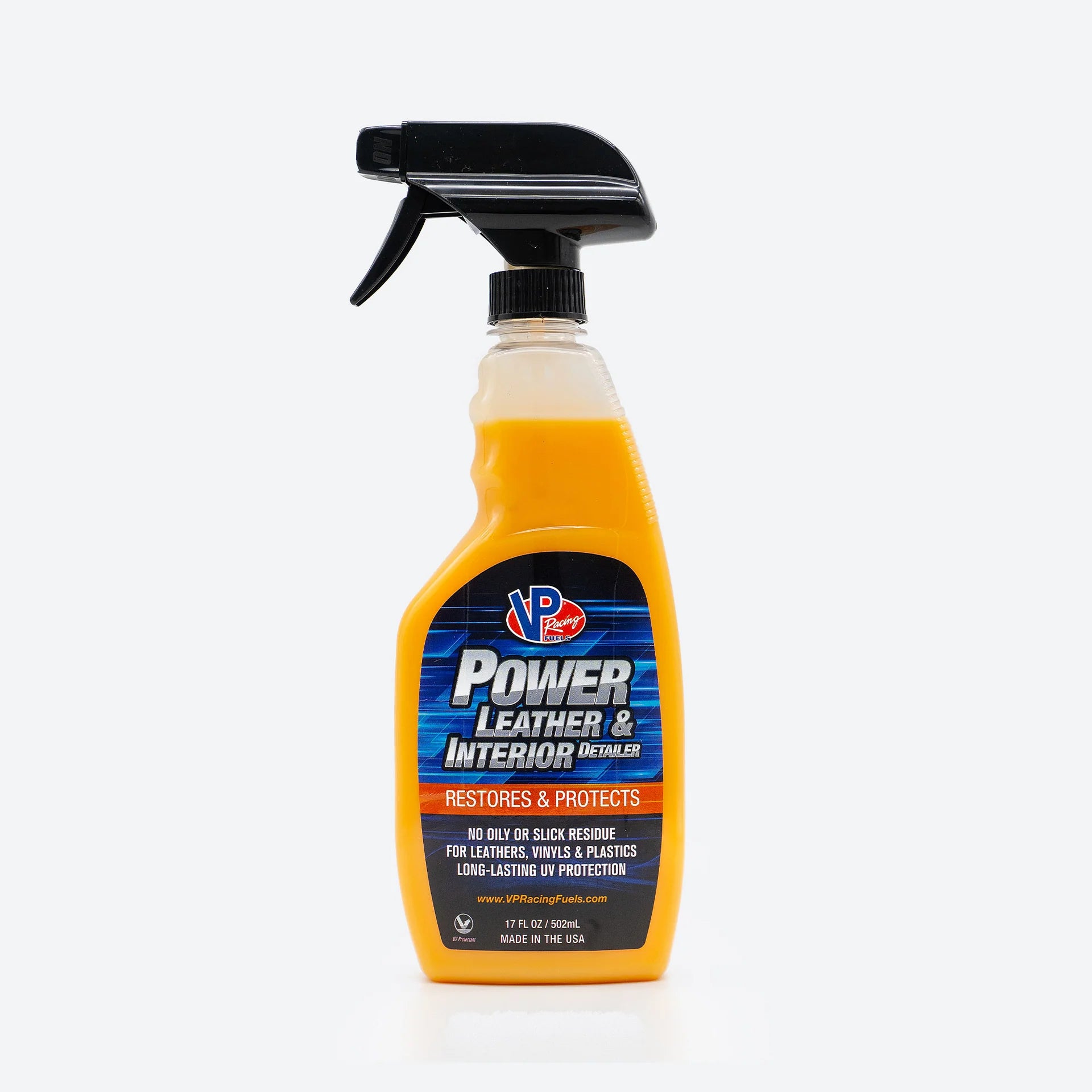 A bottle of VP Power™ Leather &amp; Interior Detailer. Non-oily, anti-static car detailing leather cleaner