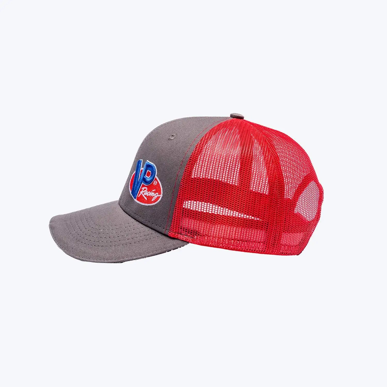 side view of the VP Racing grey/red trucker hat