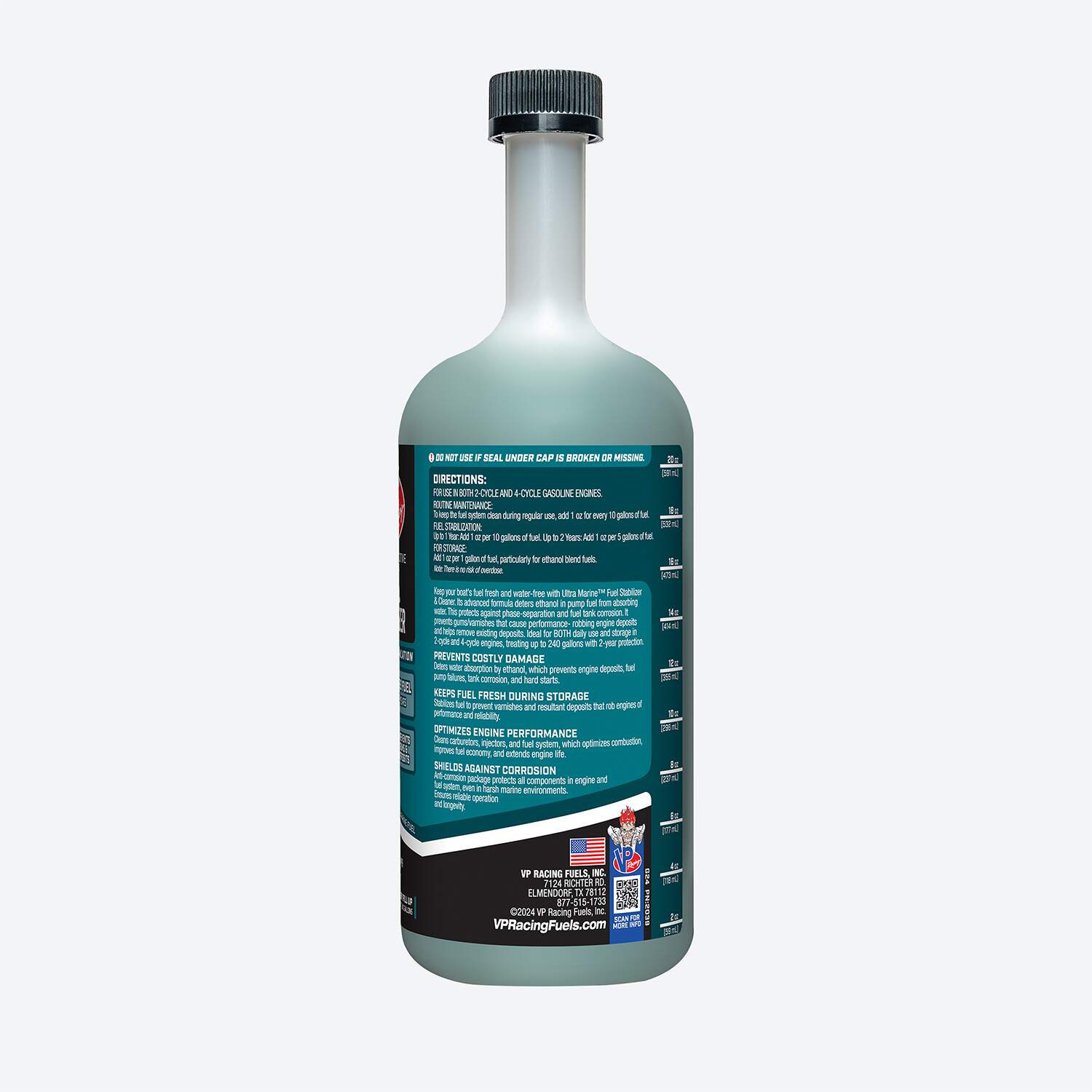 label on VP Ultra Marine Fuel Stabilizer and Cleaner, showing directions and product benefits