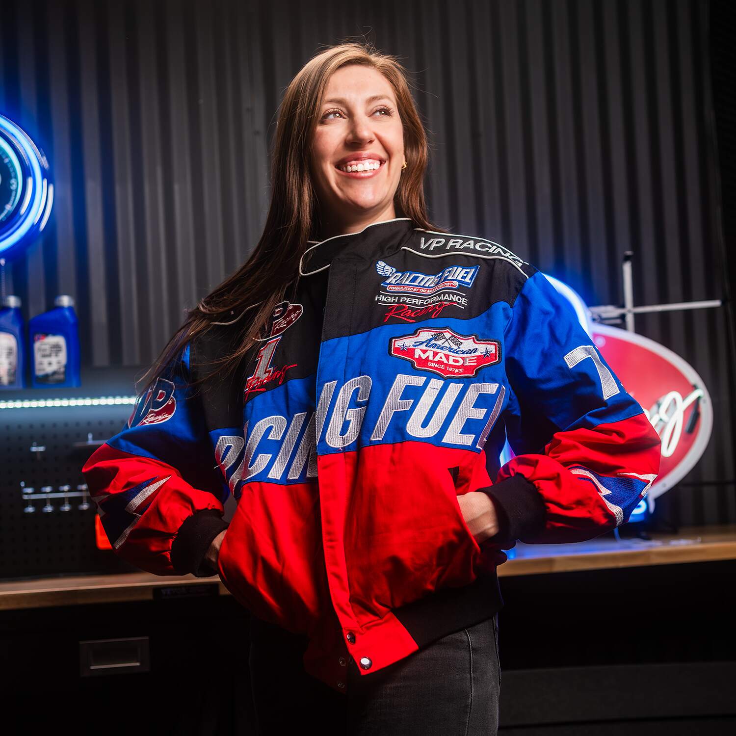 lifestyle image of a female wearing the VP winners circle jacket