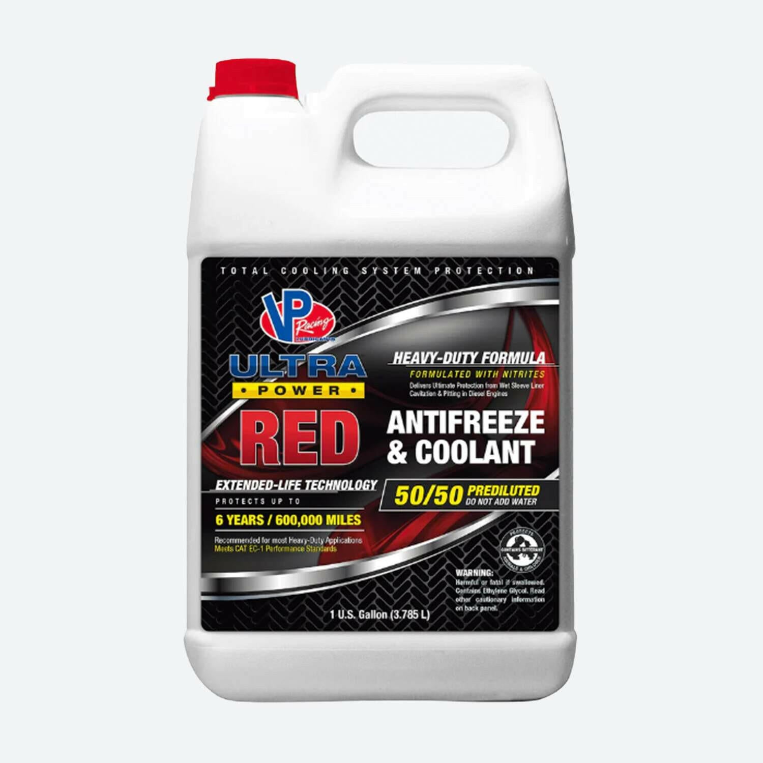 bottle of VP Ultra Power Red 50/50 antifreeze coolant for heavy duty engines