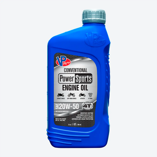 quart bottle of VP 4T SAE 20w50 conventional oil for motorcycles, dirt bikes, ATVs and UTVs