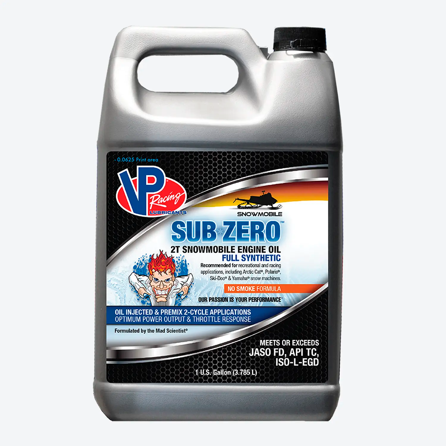 a one-gallon container of VP Sub-Zero 2-stroke snowmobile oil