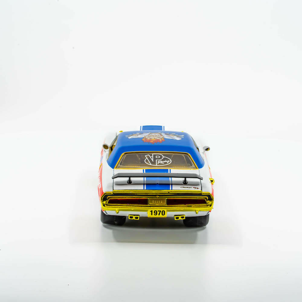 image showing the rear end of the VP Racing 1970 Dodge Challenger Diecast R/T HEMI 1:24 Scale with gold trim